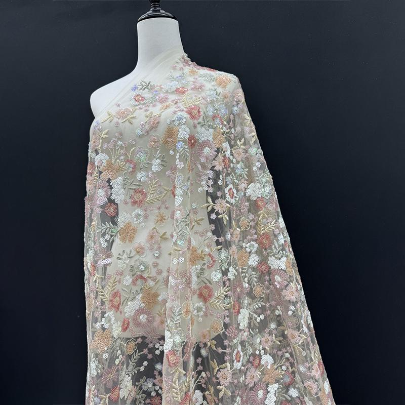 Luxury Nigerian Sequins Embroidery Bridal Fabric High Quality African French Tulle Lace Fabric For Wedding Dress Cheongsam