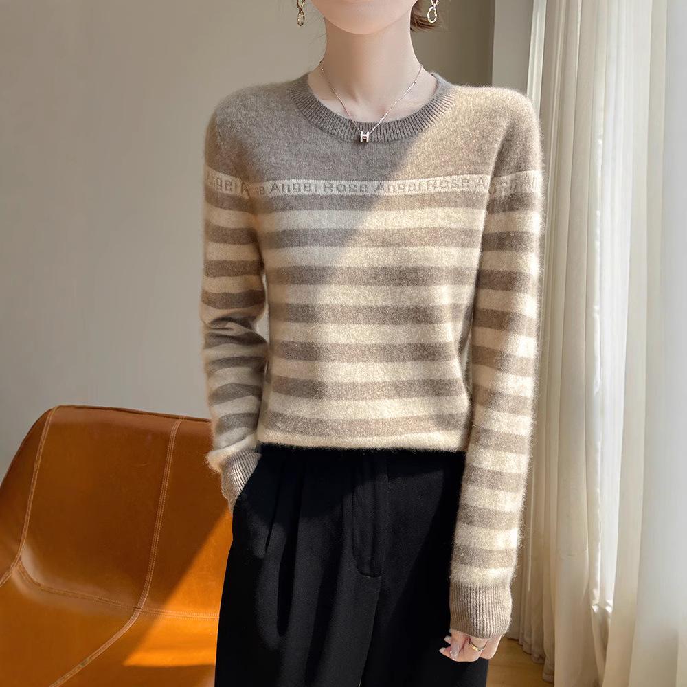 Women's Striped Crew Neck Wool Sweater - Autumn/Winter Loose-Fit Cashmere Knit
