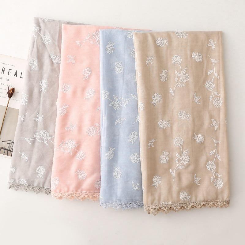 Winter Plain Lace Chain Stitch Rose Floral Viscose Scarf High Quality Shawl Wrap Pashmina Stole For Ladies Muslim Hijab 180*90Cm