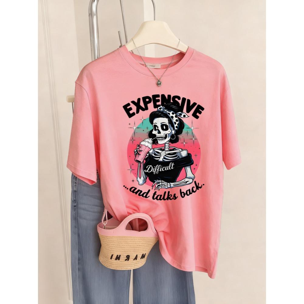 Expensive Talks Back Iced Drink Skulls Print Women T-Shirt Breathable Soft T Shirt Casual Hip Hop Short Sleeve Summer Top