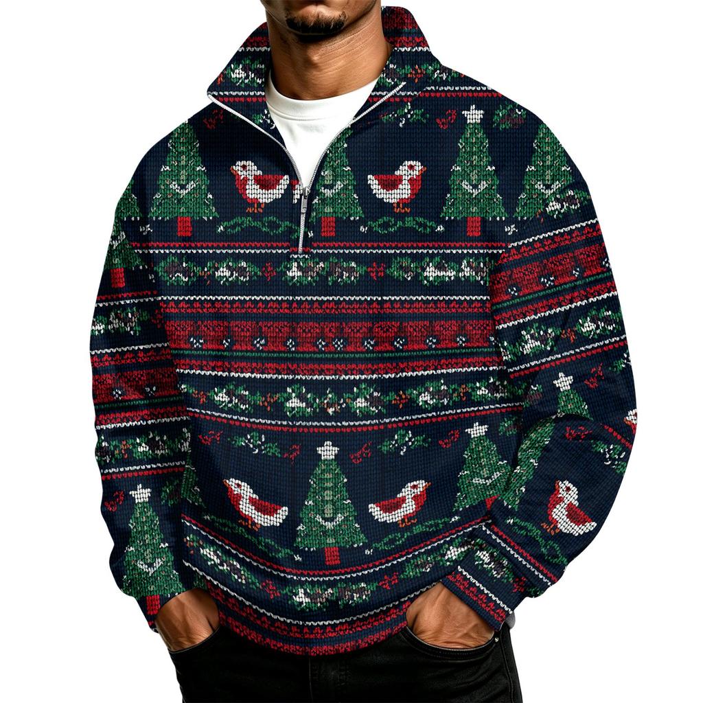 Men's Sweatshirt with Stand Collar Christmas Print Pullover for Casual Wear
