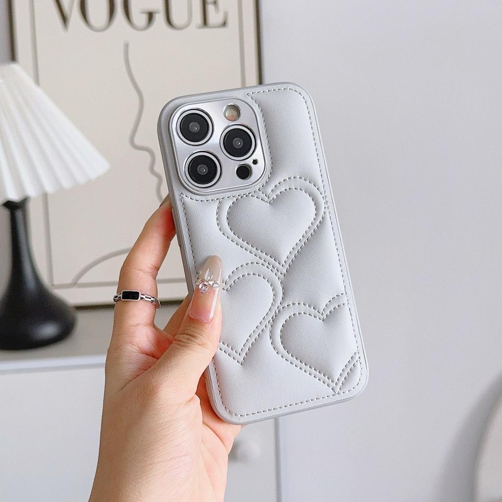 For iPhone 17 16 15 14 Pro Max Air Plus Love Hearts Embossed Leather Camera Lens Protector Full Protection Soft Back Cover