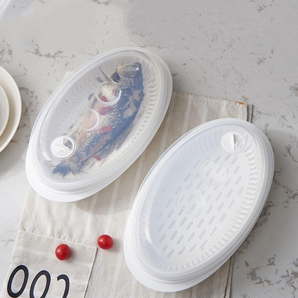 Microwave Fish Steamer Multifunction Fish Steaming Tray Oval Food Steamer Plate with Lid for Fish Bun Dumpling Bread