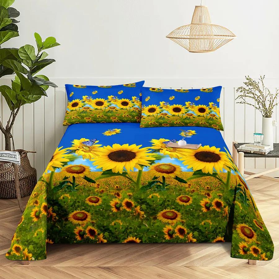 Sunflower Bed Sheets and Pillowcases for Single Double Beds Bedsheets Set with Pillow Case 2pcs 3pcs Queen Full Size 3D Soft