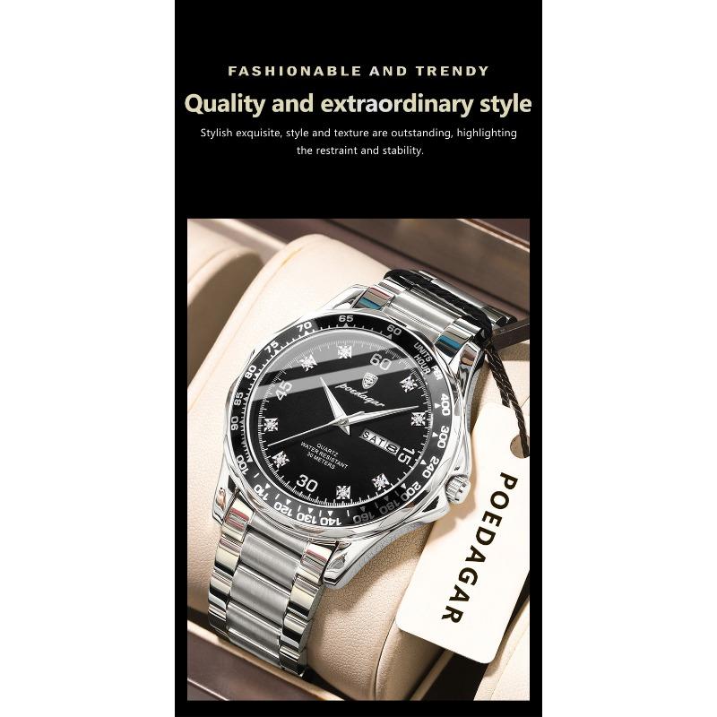 POEDAGAR Fashion Luxury Man Clock Waterproof Luminous Date Week Wristwatch Stainless Steel Quartz Business Watches for Men