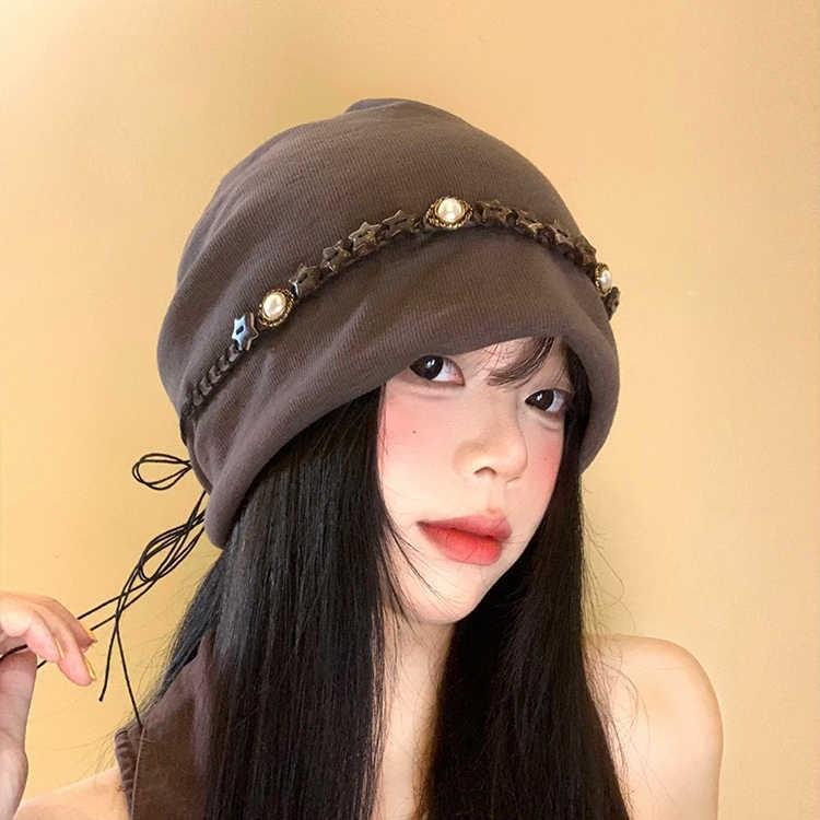 Five-pointed Star Tassel Baotou Hat for Women with Big Head Circumference Showing Face Small Pile of Hat Japanese Versatile Cold Hat