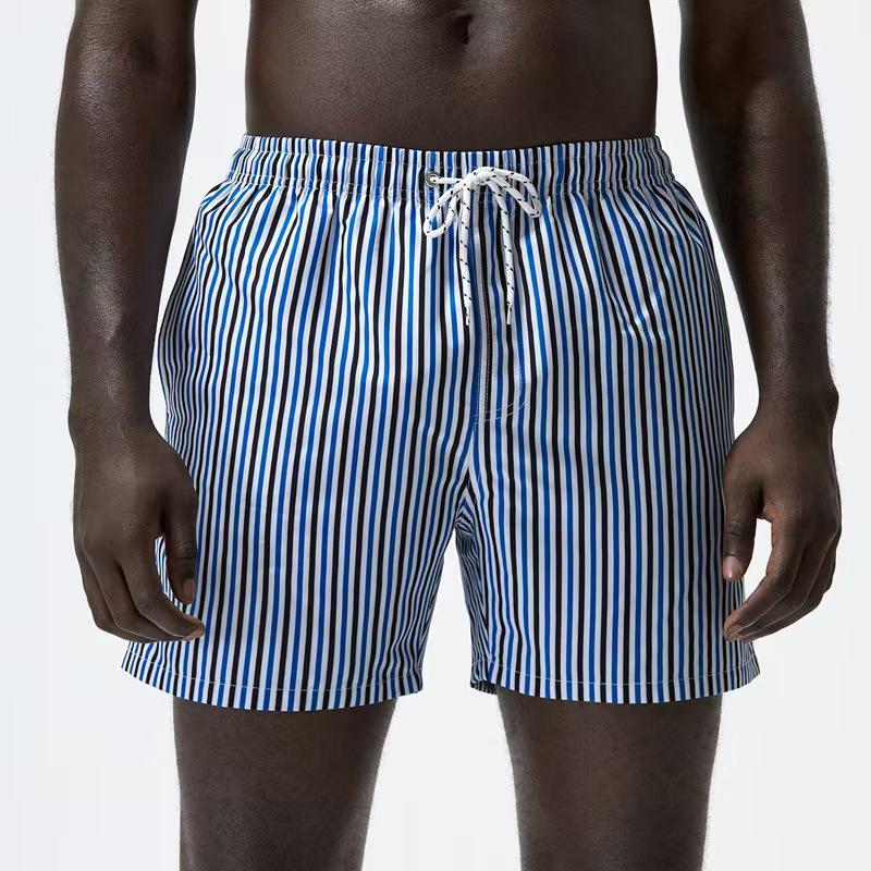 2026 Summer Men's Quick-drying Blue & White Stripe Beach Bermuda Shorts with Elastic Waist