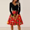 Women's Casual V-Neck Long Sleeve Vintage Christmas Print Dress for Holiday Party