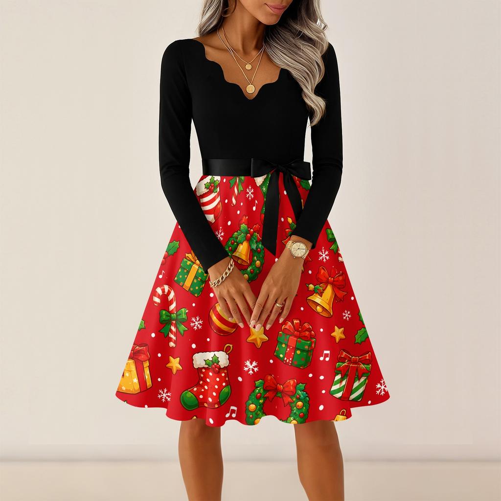 Women's Casual V-Neck Long Sleeve Vintage Christmas Print Dress for Holiday Party