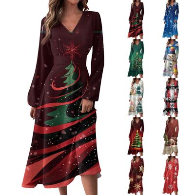 Women's Autumn And Winter Casual Fashion V-neck Long Sleeve  Print Long Dress