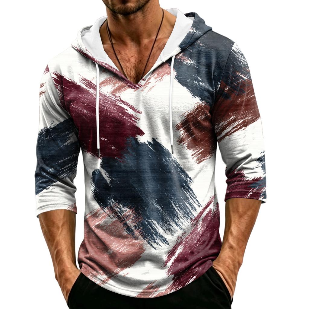 Men's Loose Fit Casual Hoodie Camouflage Pattern Three Quarter Sleeve Pullover Lightweight Breathable Hooded Shirt for Outdoor Activities