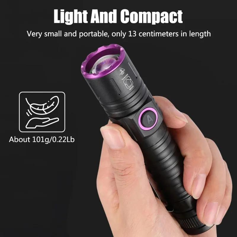 365/395nm UV Flashlight Zoom 5W Type C USB Rechargeable Black Light for Resin Curing, Pet Urine Detection, Scorpion with Battery