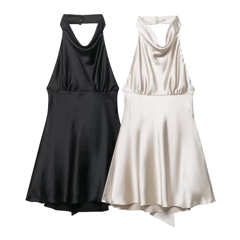 Kaslead New Women Clothes Western Style Silk Texture Satin Hanging Neck Dress 8482331
