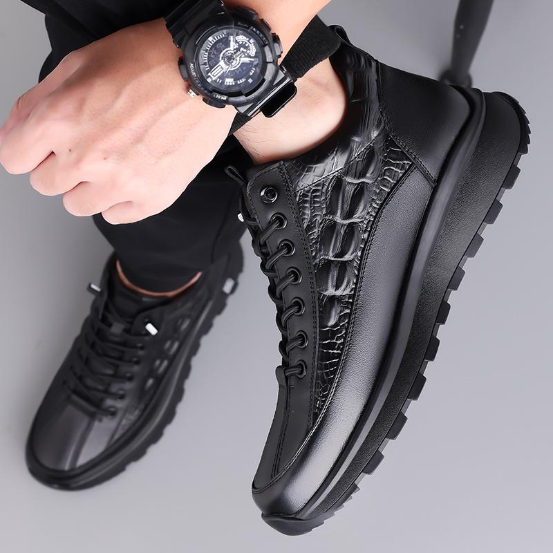 Fashionable Lace Up Warm Cotton Shoes with Fleece Winter Men's Genuine Leather Crocodile Pattern Northeast Cashmere Snow Boots