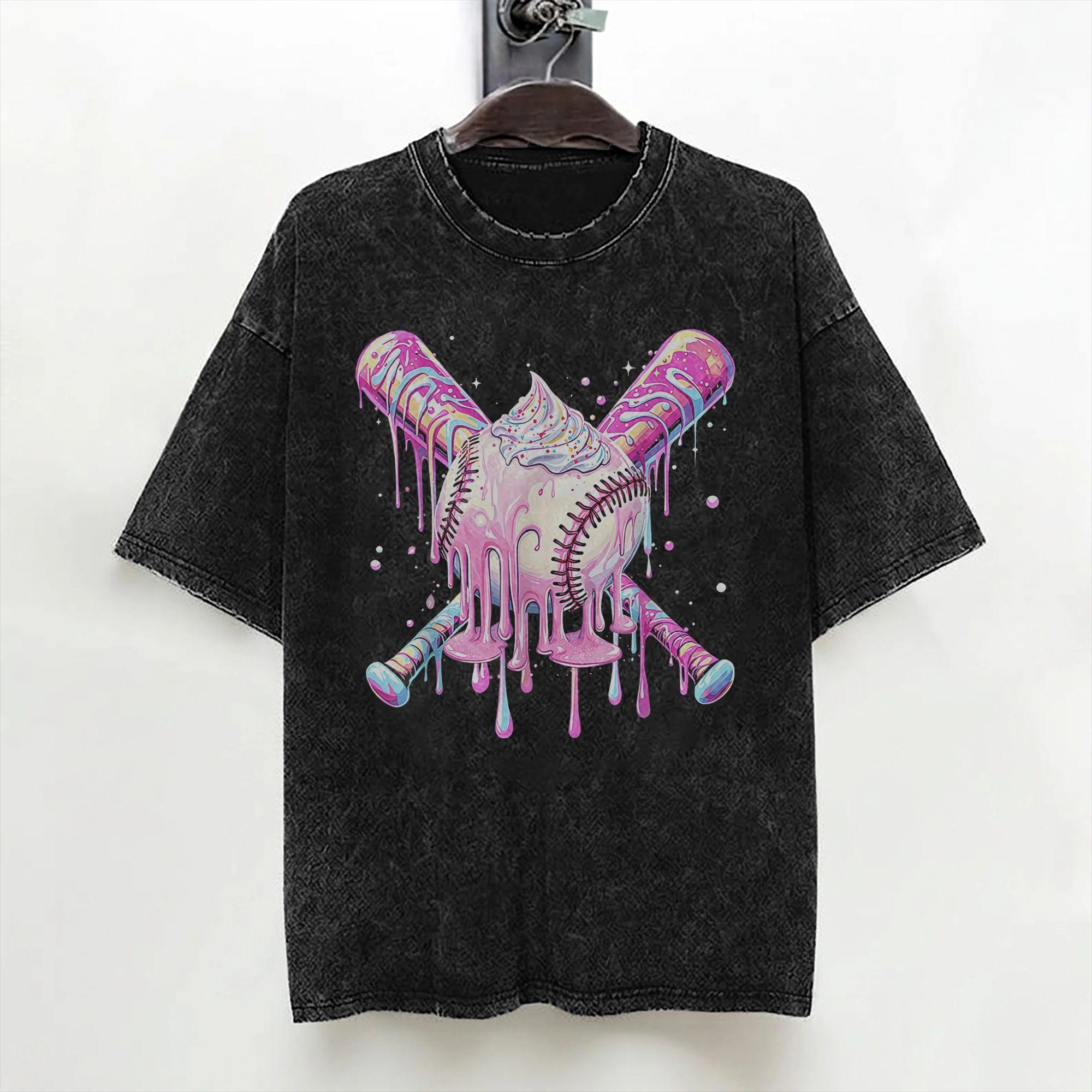 Baseball Bat Ice Cream Watercolor T Shirt Washed 100 Cotton Harajuku TShirts  for Men Women Streetwear Summer Tops Tees S