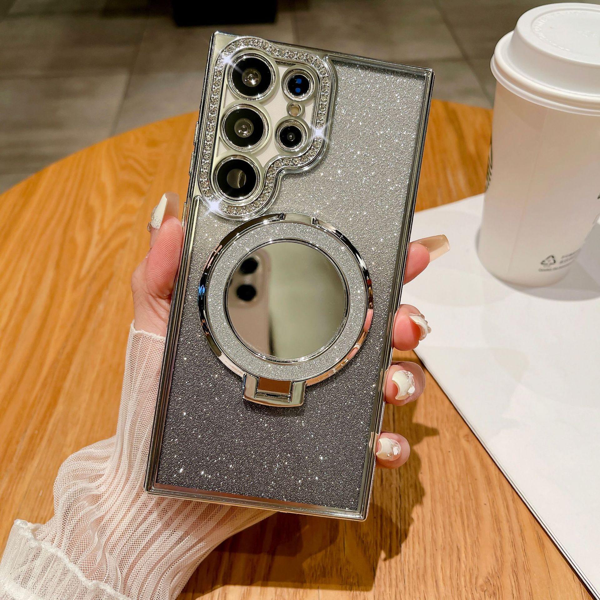 

Подходит для Samsung S24ultra Гальванизированный Чехол для Телефона A15 Зеркальный Магнитная Подставка S23 Стразы Блестки S22 Роскошный Galaxy A23