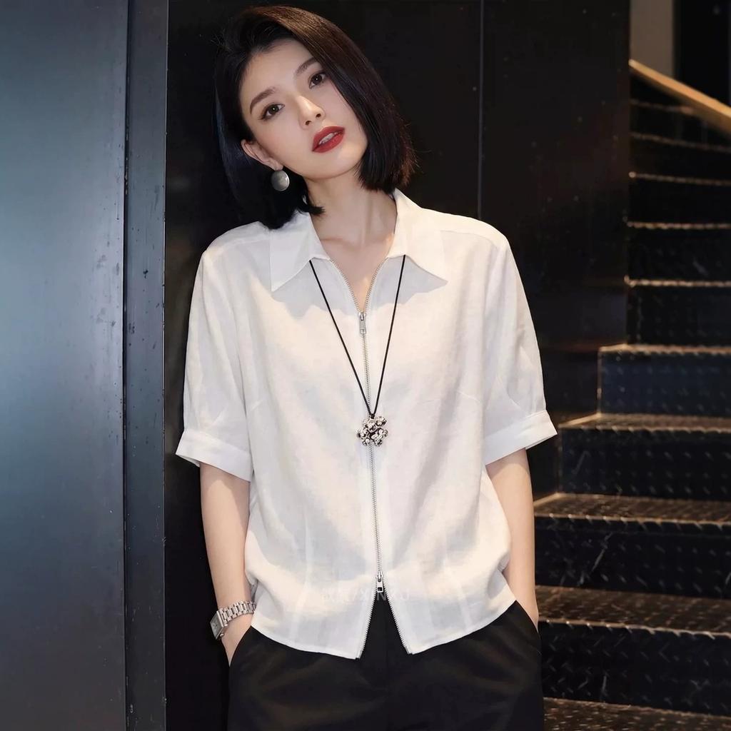 Summer new light luxury short-sleeved shirt lapel zipper design sense commuting versatile and thin coat female A