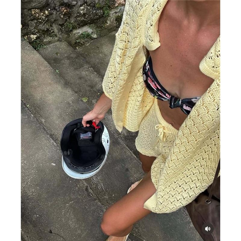 Knitted Crocheted Suit Skirt Multicolor Cardigan Buckle Skirt All-match Suit Beach Bikini Blouse Summer