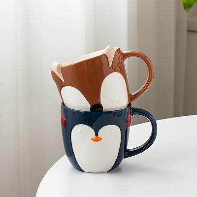 Handcrafted Animal Print Mugs: 15Oz/450Ml Ceramic Fox And Penguin Mugs, Microwave And Dishwasher Safe, Perfect for Coffee, Tea, And More