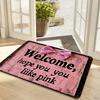 Pink Bow Welcome Doormat Vintage Wood Effect Entry Mat "Hope You Like Pink" Quote Rug for Girly Home Porch Bedroom Bathroom