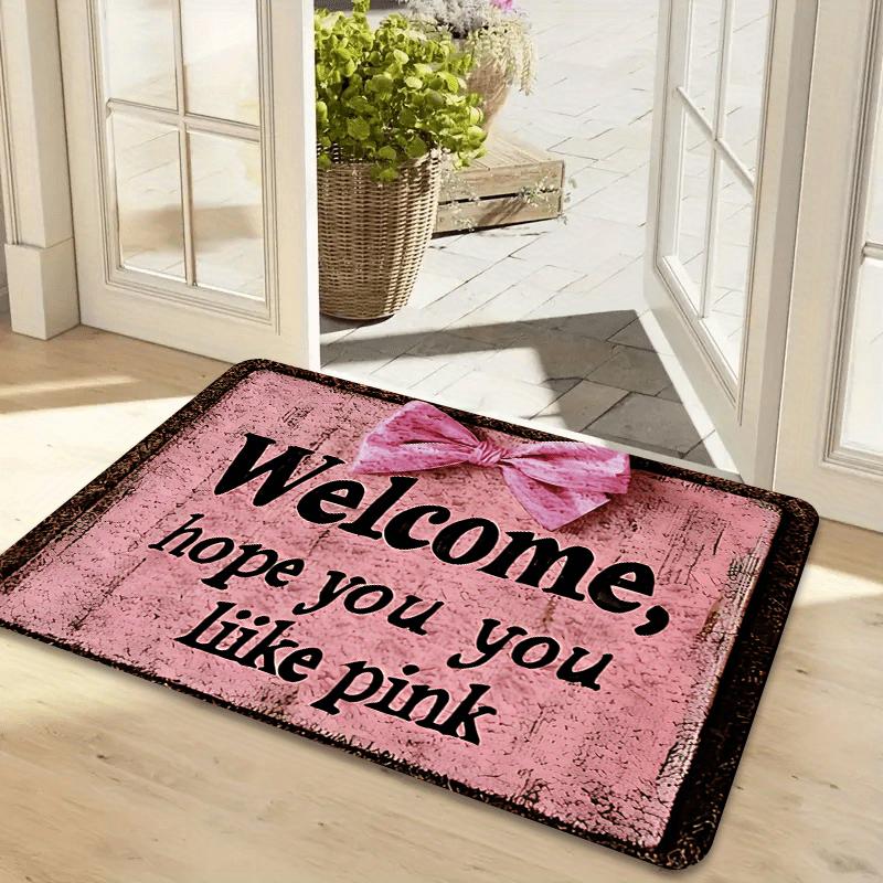 Pink Bow Welcome Doormat Vintage Wood Effect Entry Mat "Hope You Like Pink" Quote Rug for Girly Home Porch Bedroom Bathroom
