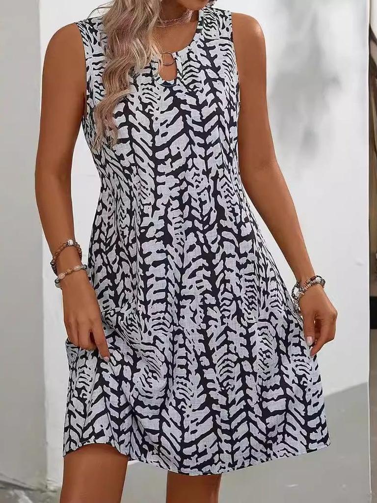 2026 Cross-Border Printed Ring Sleeveless Dress: Holiday Casual, Versatile Fashion, Plus Size Women's Clothing