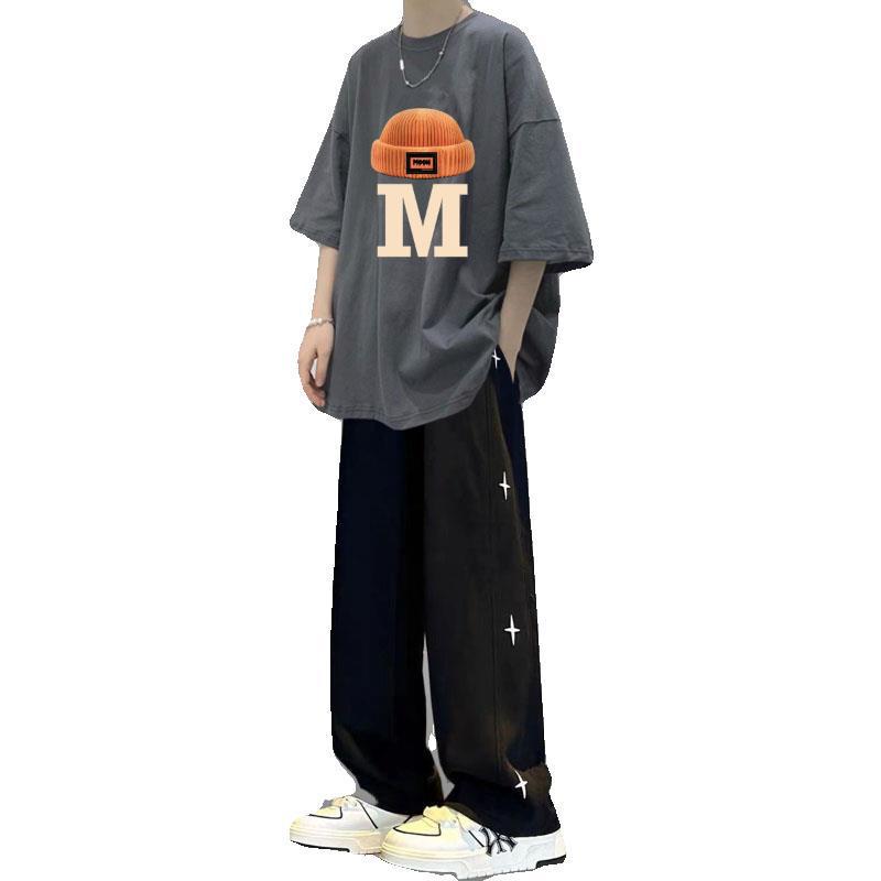 Men's Stylish Hong Kong Summer Outfit: Star Print Short Sleeve Top & Straight Leg Long Pants with Hat