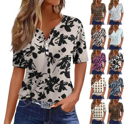 Damska koszulka T-shirt z nadrukiem Przycisk z krótkim rękawem Codzienny weekend Moda Podstawowy Dekolt w kształcie litery V Regularny top