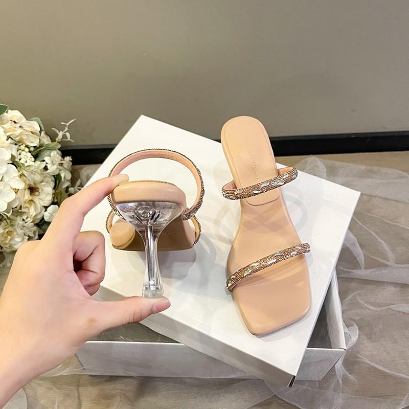 Fashion New Summer High-heeled Women's Thin Heels, Shiny Rhinestone One-strap Flip-flops, and Elegant Sandals