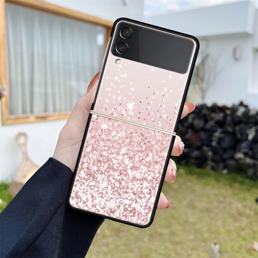 Shiny Pink Cool Case For Samsung Galaxy Z Flip 3 4 5G Black Hard PC Phone Housing Z Flip4 Luxury Segmented Cover