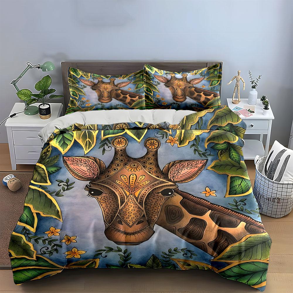 "Jungle-Themed Giraffe Art Set" Kid's and Adults' Bedroom Decor, Exquisite Three-piece Bedding Set Gift