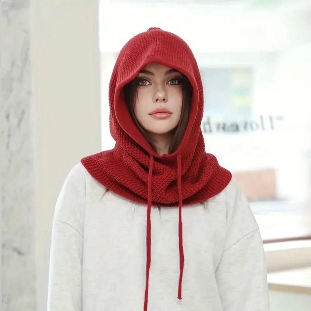 Warm Drawstring Balaclavas Hat Solid Color Winter Neckerchief Drawstring Knitted Hat Streetwear