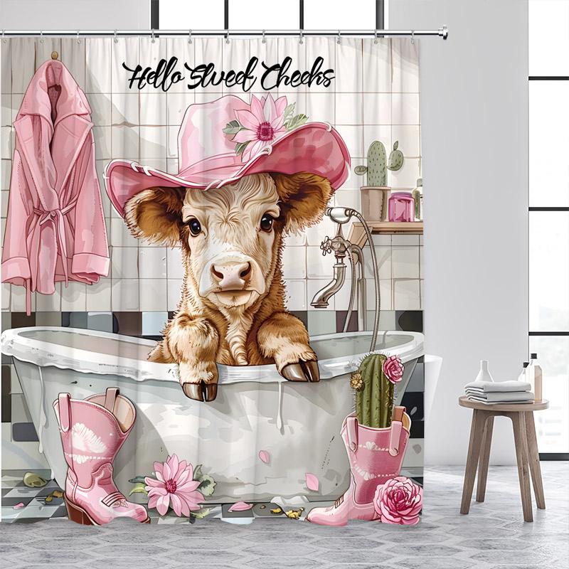 Bathing Highland Cattle Shower Curtains Funny Farm Animal Cactus Plant Pink Bath Curtain Set Polyester Bathroom Decor with Hooks