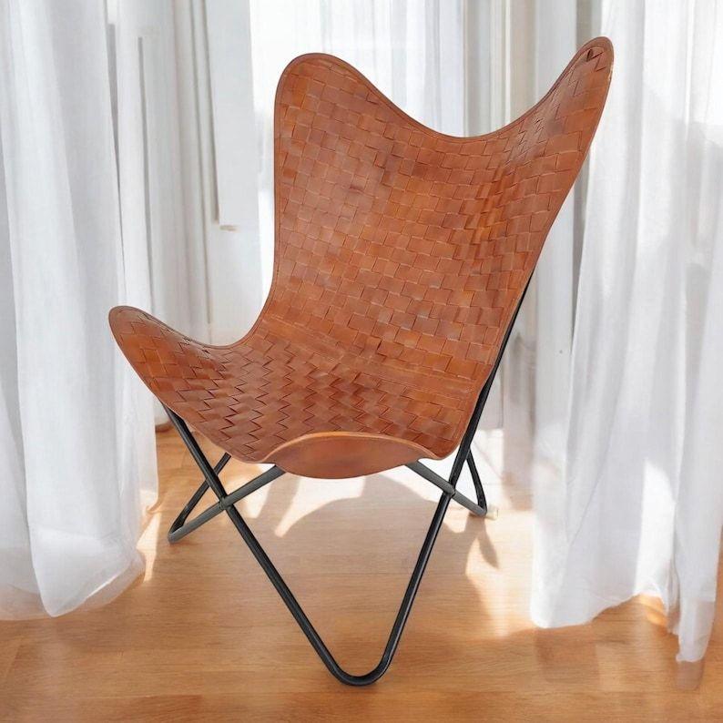Vintage Inspired Butterfly Leather Lounge Chair Handmade with Genuine Leather Perfect for Modern Boho Home Decor