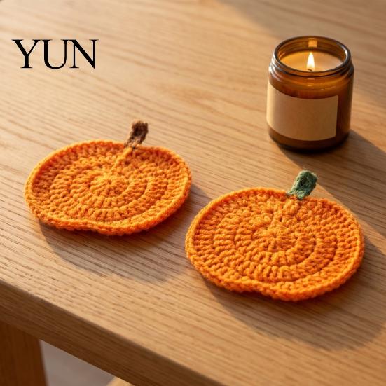 Easy to Clean Table Mats Handmade Crochet Pumpkin Coasters, Soft Polyester Coffee Mats, Cushion Autumn Themed Farmhouse Dining Accessories for Kitchen