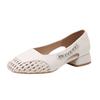 Popular retro soft sole 2025 woven hollow high heels women's head temperament white thick heel rhinestone light mouth single shoes