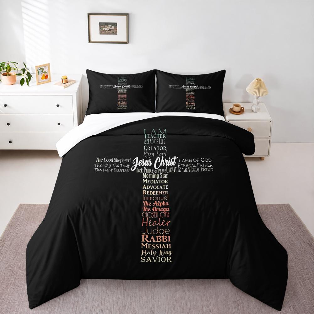 Names of Jesus Christ Typography Cross Bedding Set (1 Duvet Cover, 2 Pillowcases, Duvet Not Included), Faith Art Print