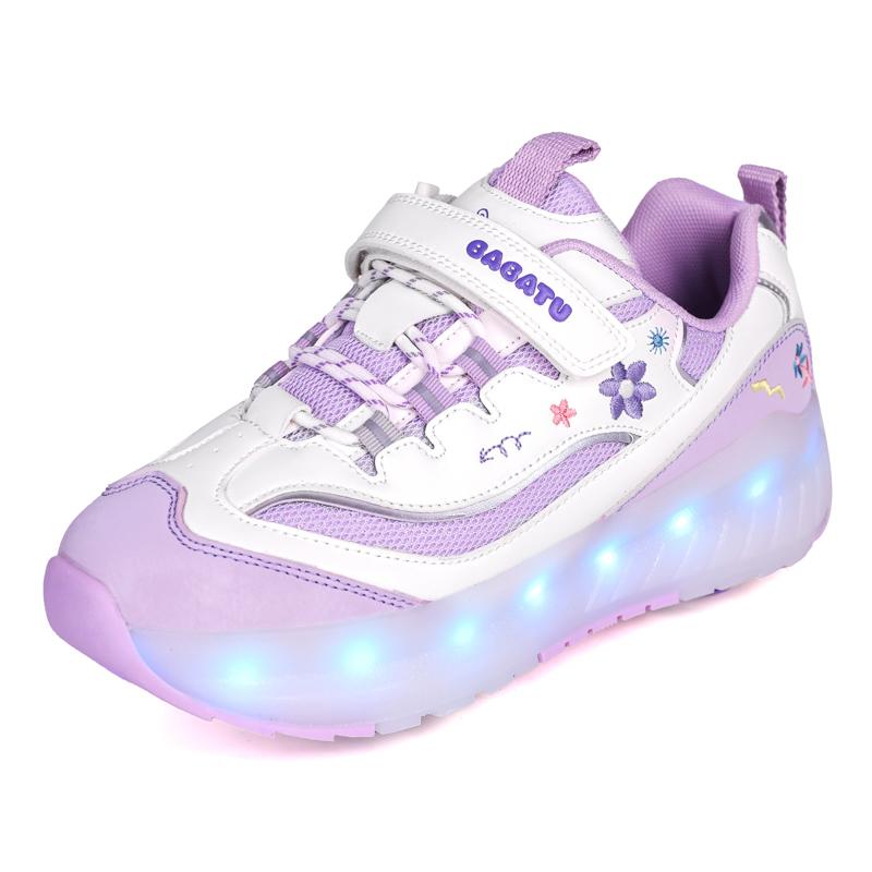 

Детские четырехколесные съемные плоские спортивные туфли перезаряжаемые светодиодные светящиеся спортивные туфли четырехколесные роликовые коньки 29 фиолетовый/белый