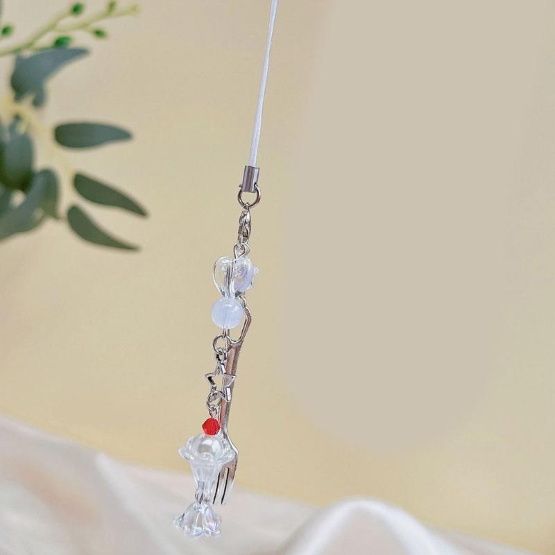 Cute Beaded Fork Phone Chain Ornament Heart Beaded Cellphone Pendant Phone Lanyard Bag Charm for Fashionable Individuals