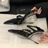 New Fashion Transparent Wedge Slippers Women Pumps Patent Leather Pointed Toe Buckle Strap Designer High Heels Mules Shoes