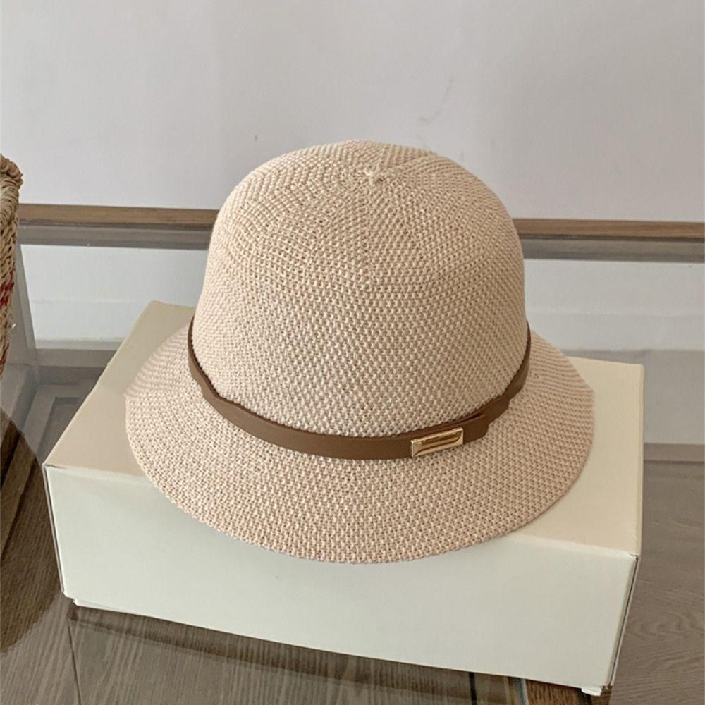 Sun Protection Women Sunscreen Hats PU Leather Belt Outdoor Straw Hats Summer Bucket Hats  Girls