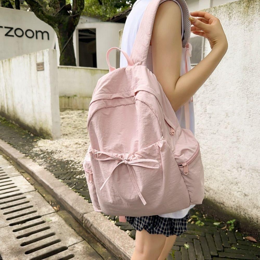 Sweet Nylon Lightweight Backpack Solid Color Travel Shoulders Bag Bow Wrinkle Backpack Women