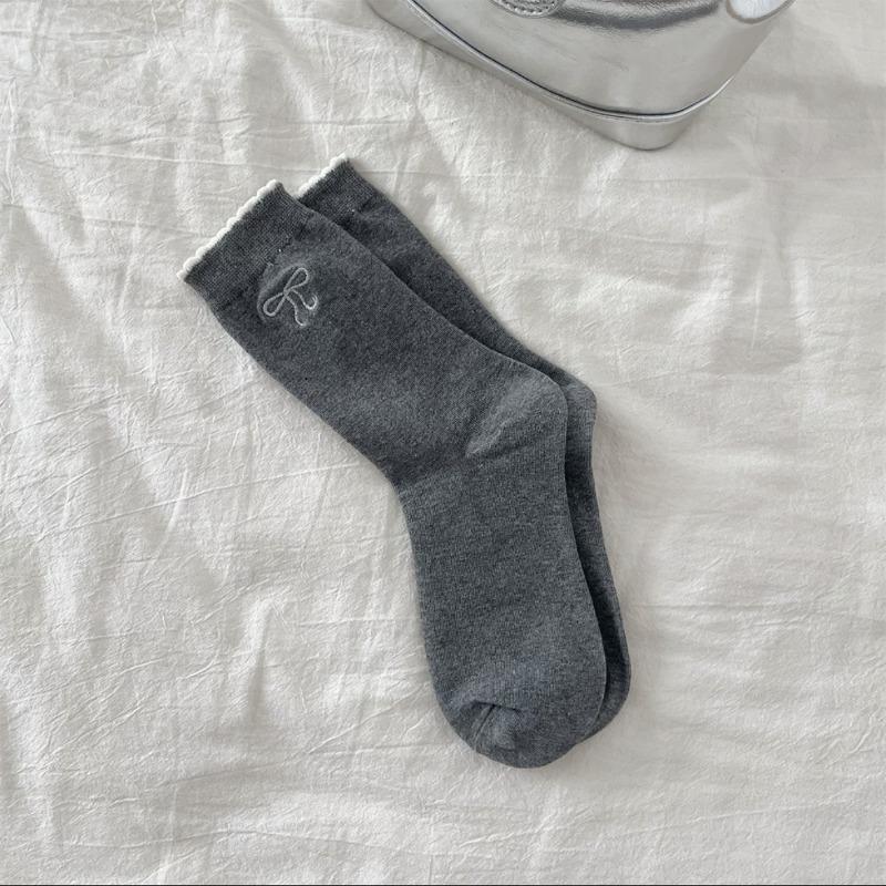 Women's Bubble Lace Embroidered Bow Socks Versatile and Trendy Mid-calf Cotton Socks Ballet Style