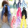 Solid Satin Ribbon Long Bow Ponytail Scarf Tie Hair Scrunchies for Women Girls Elastic Bands Hair Accessories