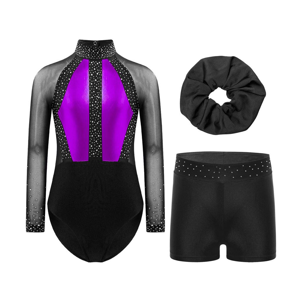 Mädchen Mesh Langarm Turnanzug Strass Shorts Kopfschmuck Gymnastik Tanz Performance Set