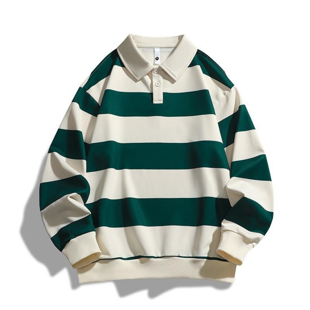 Spring Autumn New Fashion Loose Striped Pique Polo Shirt for Men Women, Trendy Hong Kong Style Streetwear