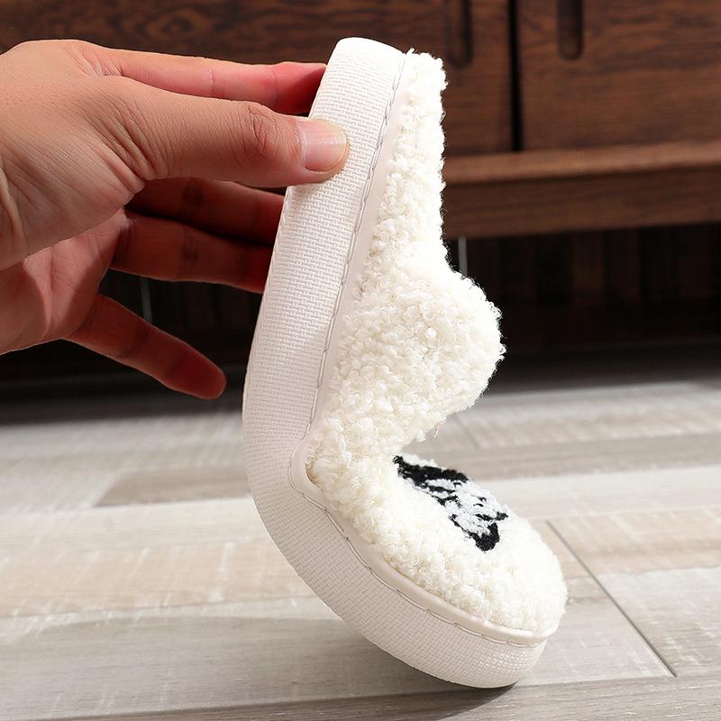 Fashion All Match Cartoon Eyes Cotton Women Slippers Winter White Faux Fur Pull On Slides Woman Non Slip Soft Bottom Plush Shoes Female