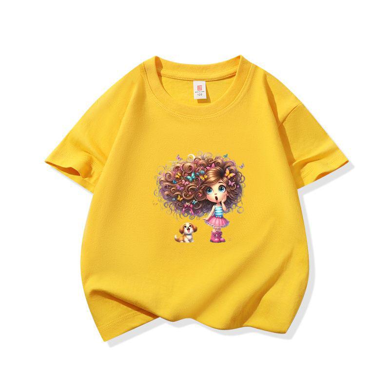 Kids Cotton T Shirt Girl With Floral Hair And Puppy Dog Print Crew Neck Short Sleeve Tee Casual Boys Girls Summer Tops