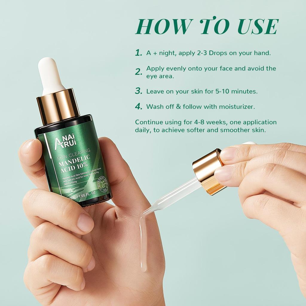 ANAiRUi Mandelic Acid Serum 10% AHA BHA Exfoliating Face Serum with Salicylic Acid & Tea Tree Oil 30ml