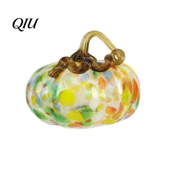 Fall Season Decoration Mini Hand Blown Glass Pumpkin Ornament, Collectible Thanksgiving Halloween Transparent Figurine Faux Crystal Hanging for Fall,